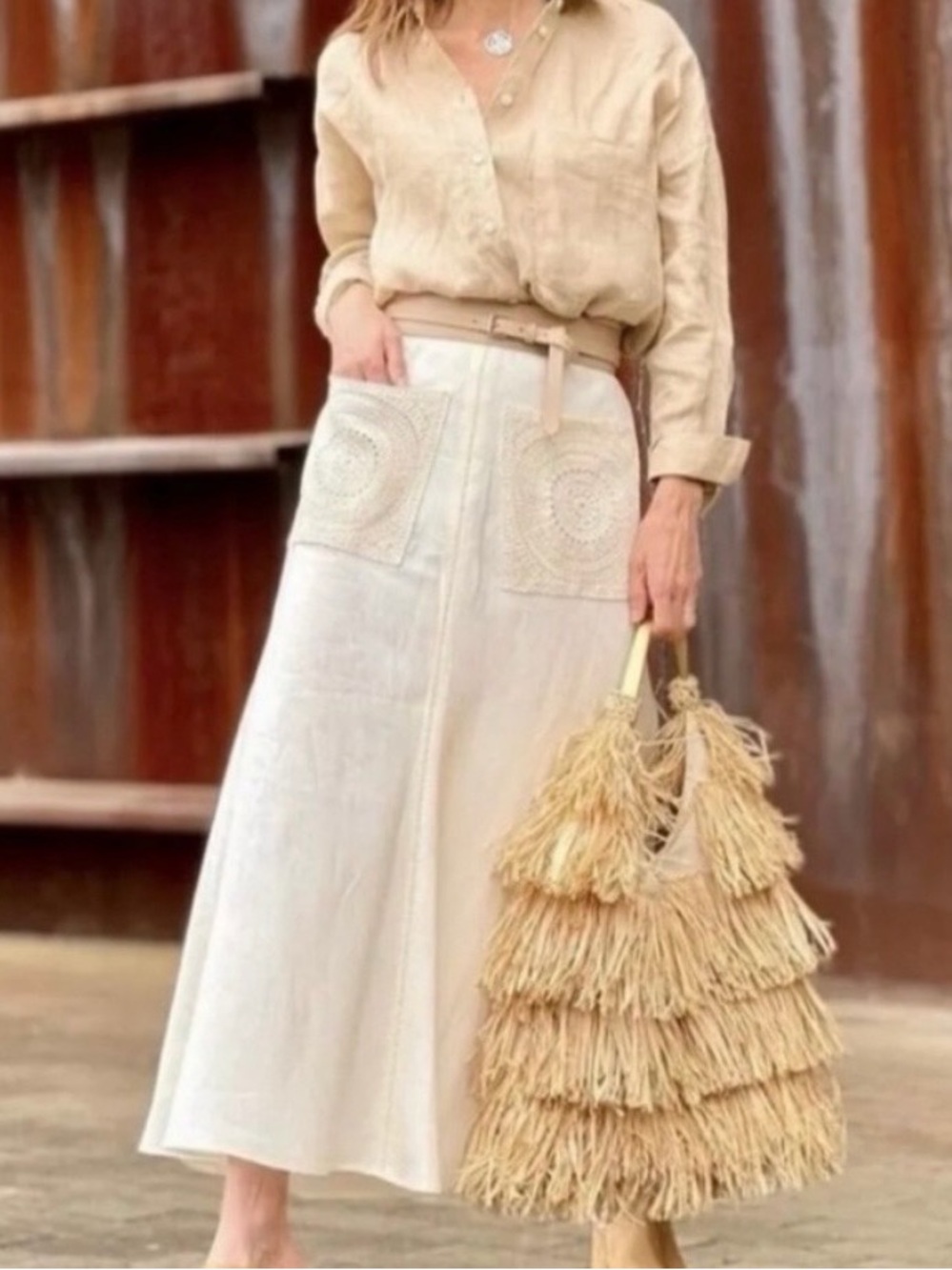 Zara Cream Maxi Skirt with Crochet Pocket Detail Size XXL